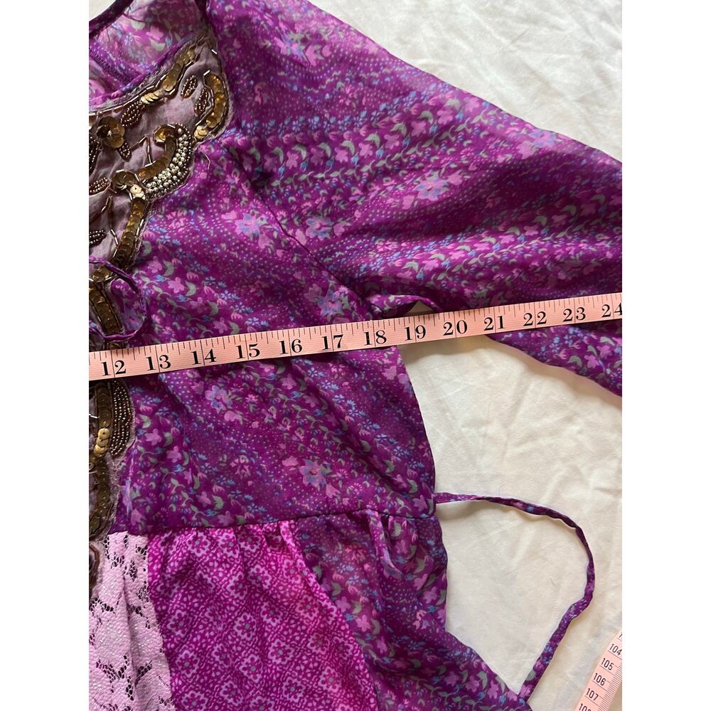 Free People Gossamer Wings Purple Patchwork Beaded Lace Boho Tunic Dress M/L - Picture 8 of 9